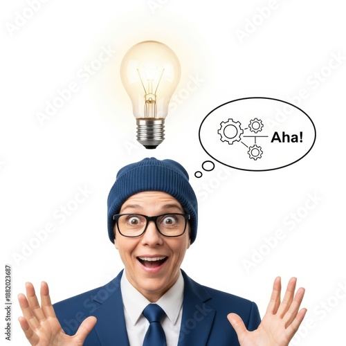 Excited person with a lightbulb and gears in thought bubble