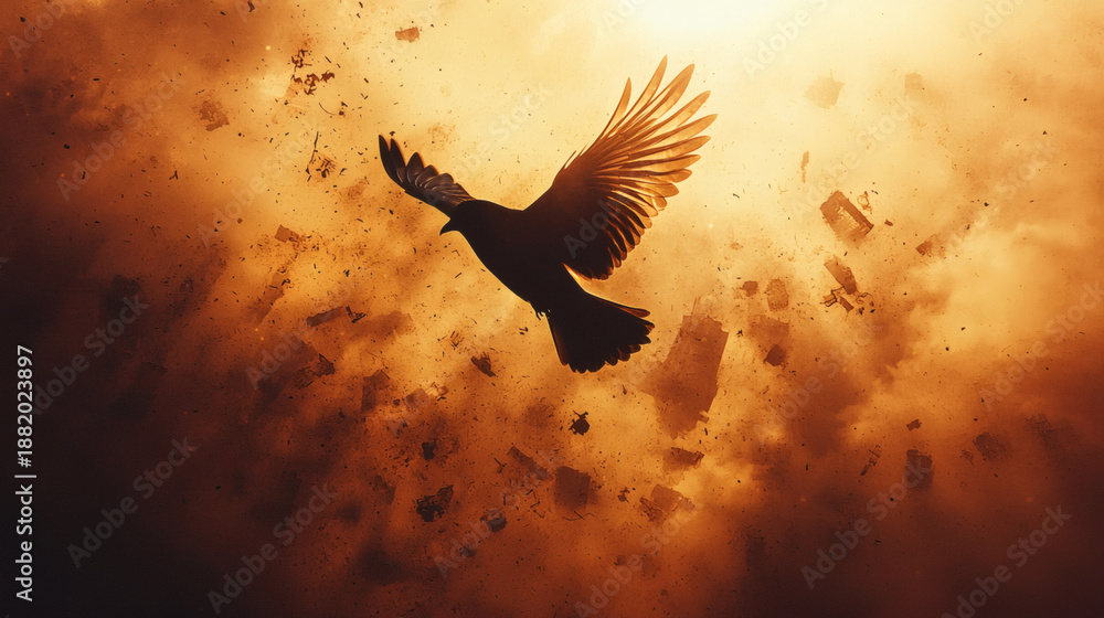 Fototapeta premium Majestic Bird Silhouette Against Dramatic Fiery Sky Background