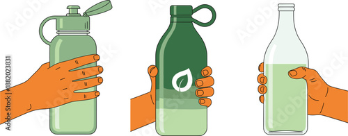 Reusable Water Bottles in Hands Illustration Showing Eco Friendly Hydration and Sustainable Lifestyle Flat Vector