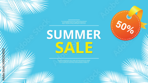 Vibrant summer sale banner with palm leaves and discount tag on turquoise background