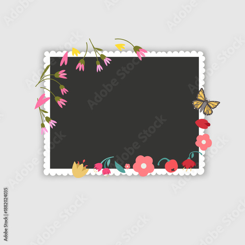 Photo frame mockup designed as a postage stamp. The white square frame features a soft inner shadow and is decorated with charming hand-drawn wildflowers. Perfect for scrapbooking, seasonal greeting c