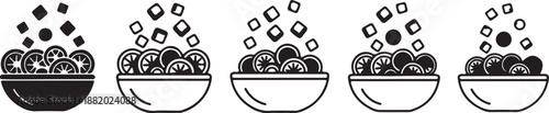 Salad Bowl and Healthy Food Line Art Icon Set. Mixed Vegetable Ingredients with Cheese Cubes Vector Symbols.