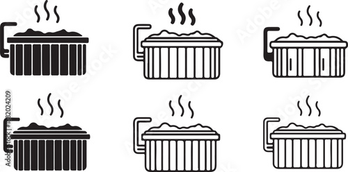 Hot Tub and Jacuzzi Line Art Icon Set. Relaxing Spa Bath with Steam Waves Vector Symbols.