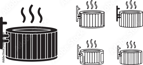 Set of Hot Tub Icons with Steam Isolated on White Background. Wooden Sauna Bath Vector Symbol.