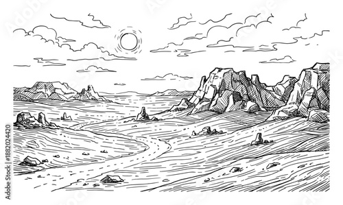 Detailed illustration of a desert landscape with mountains, sun, road and clouds. Hand drawn ink drawing