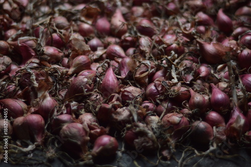 Traditional bamboo tray filled with harvested red shallots background