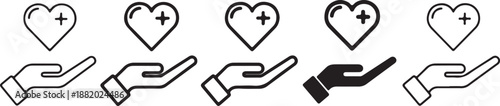 Set of Hand Holding Heart with Plus Sign Icons Isolated on White Background. Healthcare Charity Vector Symbol.