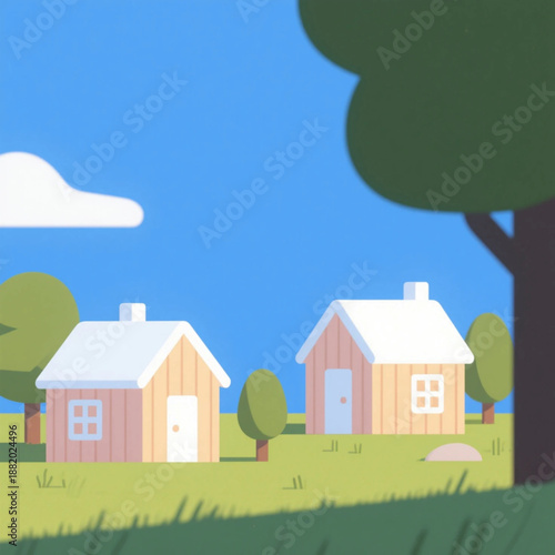 Simple house illustration. Minimal. Housing. Miniature garden. Real estate.