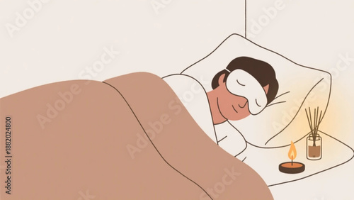 Simple illustration of a person sleeping soundly with an eye mask. Minimalist. Line art. Healthy habits. Sleep cycle.
