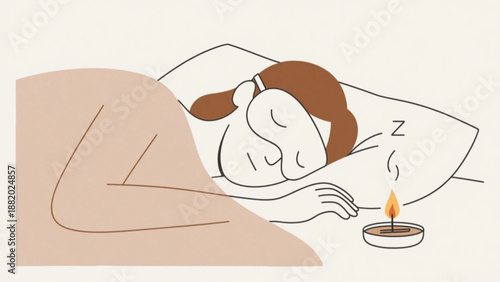 Simple illustration of a person sleeping soundly with an eye mask. Minimalist. Line art. Healthy habits. Sleep cycle.
