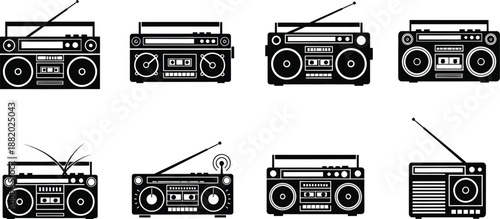Portable stereo cassette player, boombox vector icons silhouette. 