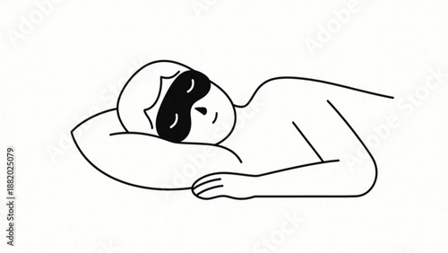 Simple illustration of a person sleeping soundly with an eye mask. Minimalist. Line art. Healthy habits. Sleep cycle.