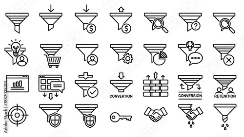 Black and white business conversion icons.