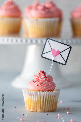A delicious homemade vanilla cupcake with rose frosting for Valentine's Day.