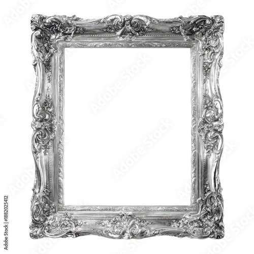 An ornate silver picture frame on a black background
