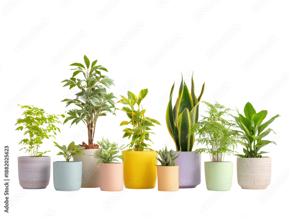 Fototapeta premium Beautiful collection of indoor plants in colorful pots, showcasing various species and vibrant colors, perfect for home decor