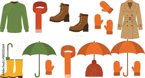 Autumn and Winter Clothing Icons Set with Coat, Boots, Umbrella, Scarf and Accessories Flat Vector