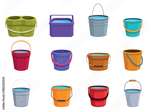 Buckets set. Isolated bucket for water, plastic metal wooden containers. Trash bin, household and cleaning cartoon equipment, sapid vector clipart
