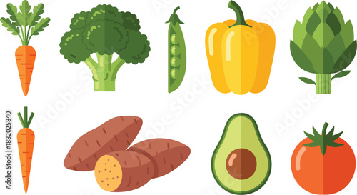 Fresh Vegetables Icons Set with Carrot, Broccoli, Pepper, Avocado and Tomato Flat Vector Illustration