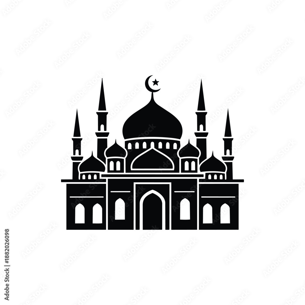 Fototapeta premium Black and white mosque with crescent and star on dome islamic architecture building
