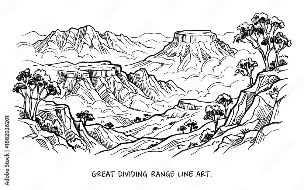 Obraz premium Detailed line art illustration of the Great Dividing Range with mountains, cliffs, and trees.