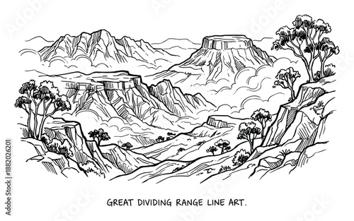 Detailed line art illustration of the Great Dividing Range with mountains, cliffs, and trees.