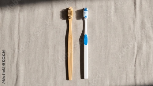 Bamboo vs Plastic Toothbrush Top View. Zero Waste Eco Friendly Swap and Sustainability Choice Concept.