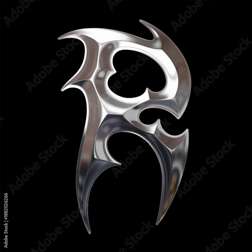 3d chrome letter R with sharp tribal forms