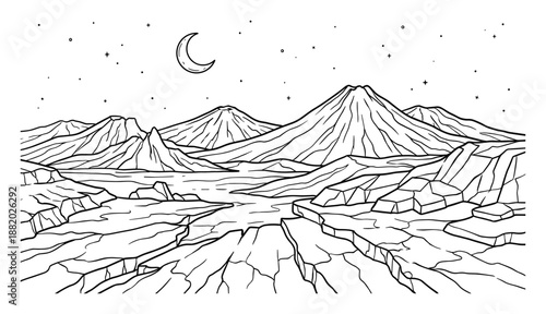 Detailed line art landscape featuring mountains, a moon, and starry night sky. Vector illustration.