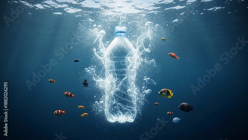 Underwater Ocean Pollution Concept. Water Bubbles Forming a Plastic Bottle Shape Surrounded by Fish.