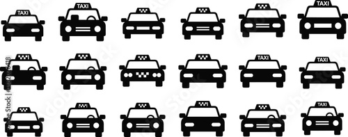 Taxi Car Silhouette Icon Set Featuring Multiple Front View Cab Designs for Transportation Services, Ride Hailing Apps, Urban Mobility Systems, and Graphic Interfaces