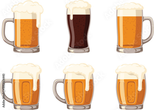 Beer Mug and Glass Collection with Foam Different Styles Alcohol Drink Flat Vector Illustration