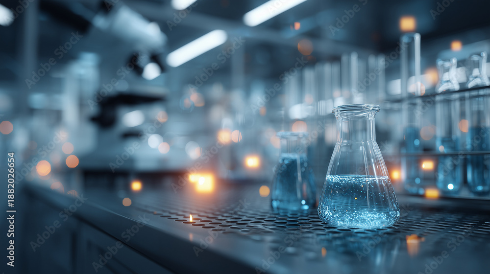 Fototapeta premium Glass flasks and laboratory equipment in futuristic science lab with blue liquid glowing under artificial lights ideal for innovation and biotechnology visuals 