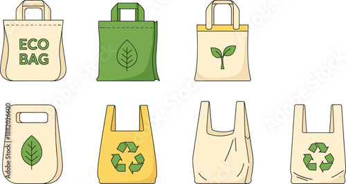 Eco Friendly Reusable Shopping Bags Set with Recycling Symbols and Sustainable Tote Designs Flat Vector