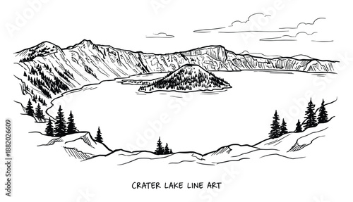 Detailed line art of Crater Lake. Mountains, lake, island with trees, scenic landscape view vector