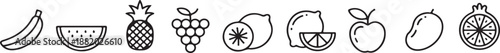 Fruit Icon Set. Outline Icon Collection. Simple Black Line Art Icons of Healthy Fruits and Organic Produce.