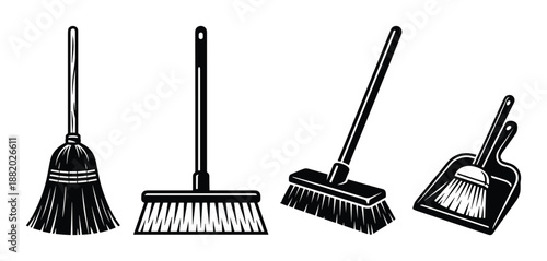 Detailed line art of house cleaning tools, brooms and a dustpan. Perfect for household or commercial cleaning.