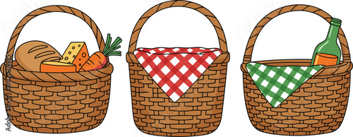Picnic Baskets Set with Food, Bread, Wine and Checkered Cloth Flat Vector Illustration