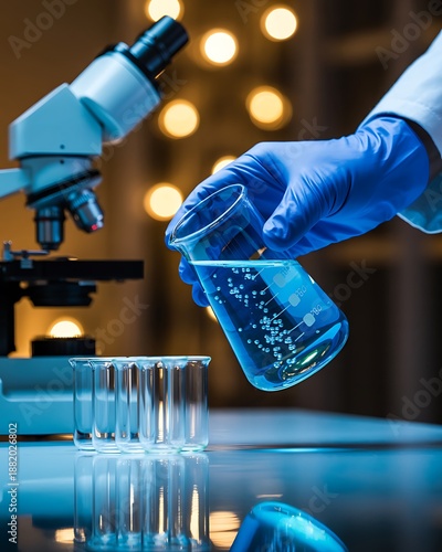 Scientific Experiment in a Laboratory Featuring a Microscope and Blue Liquid in Beaker Close Up View
