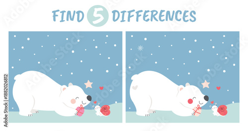 Find 5 differences children game. Educational play template with cute polar bear and little snail in love. Romantic and friendship, animals vector scene