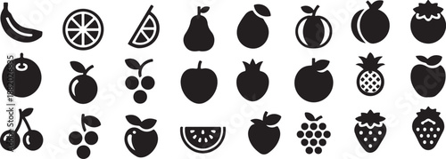 Collection of various fruit silhouettes on a white background. Fruit Line Icons Set. Organic Fruit Vector Outline Symbols.