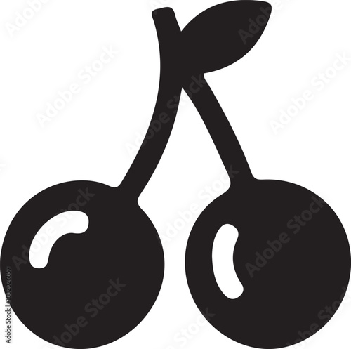 Simple silhouette of two dark cherries with a single leaf on a stem for fresh fruit food concepts silhouette.