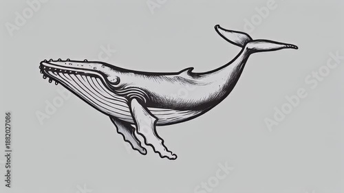 A beautifully illustrated, vintage-style drawing of a humpback whale swimming majestically against a plain grey background