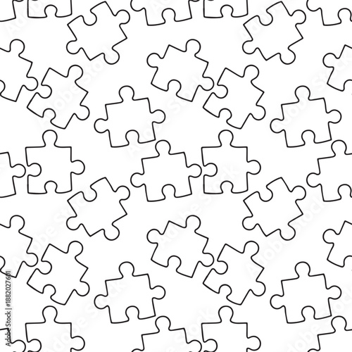 Black and white seamless pattern with hand drawn jigsaw puzzle pieces, suitable for backgrounds, wallpapers, educational themes, psychology concepts, and creative surface design.
