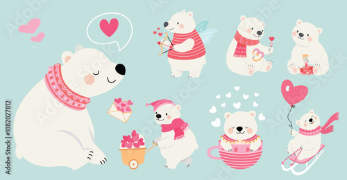 Valentines day bears. Polar bear with hearts, in love, romantic relationships. Cute wild animals, cartoon children mascots, vector stickers templates