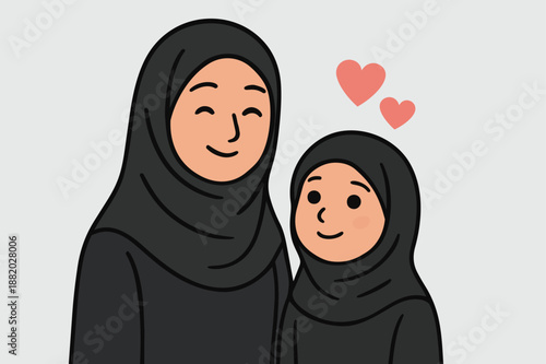 Woman and child wearing black hijabs smiling with hearts above
