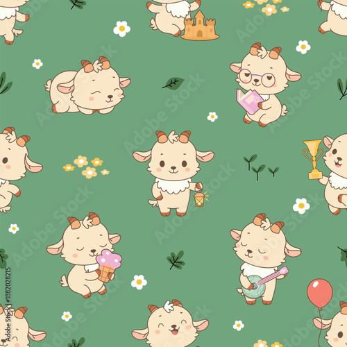 Goat seamless pattern. Funny goats on green meadow reading, sleeping. Cartoon farm animals print template for wrapping, textile, fabric, nowaday vector background