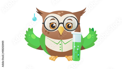 A wise owl wearing large glasses and a lab coat, holding a test tube with bubbling green liquid.