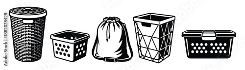 Different laundry baskets. Vector art featuring wicker, bag, and plastic containers for clothes.