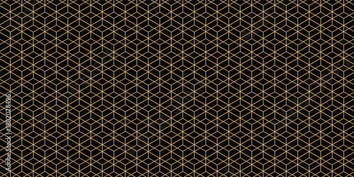 Black graphite background with golden light lines. Geometric texture illustration. Grid pattern. Pure black banner wallpaper. Elegant carbon background.